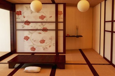 Japon tarzı iç. 3D çizim.