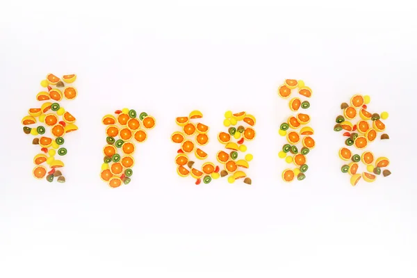 Görüntü dilimleri portakal ve limon kivi ve metin "meyve yazan mandalina ile" — Stok fotoğraf