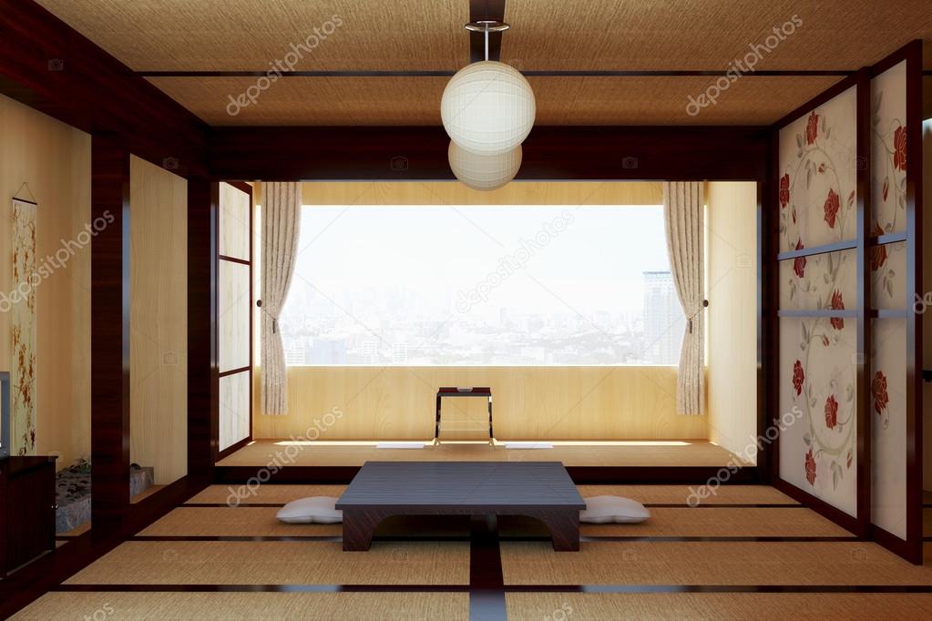 The interior in the Japanese style. 3d illustration.