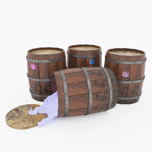 Barrels of paint and blots on them. 3d illustration. — Stock Photo, Image