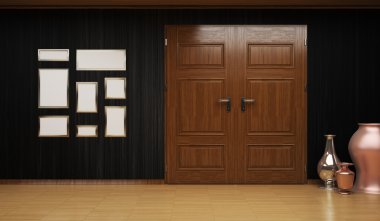 bir iç koridor çok sayıda nesneleri (tablolar, vazo ile 3D çizimi).