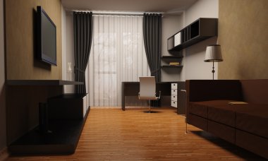 Çizimde, orada bir kanepe, Tv, başucu lamba ve masa sandalye.