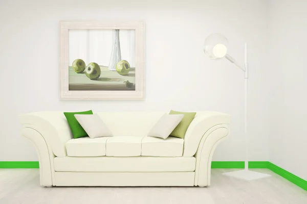 Duvardaki büyük bir resim ile beyaz ve yeşil renklerde oturma odası iç parçası. — Stok fotoğraf