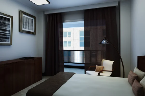 Chambre lumineuse intérieure avec balcon, une chambre remplie de meubles en bois sombre. L'image contient également des peintures, des lampes, des rideaux et un ordinateur portable . — Photo