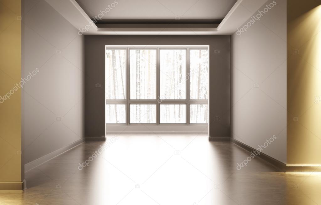 Empty white room with interior decoration. In the room there is artificial light outside the window winter wood.