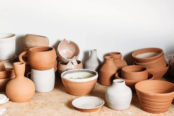 Antique clay crockery set  on white background — Stock Photo, Image