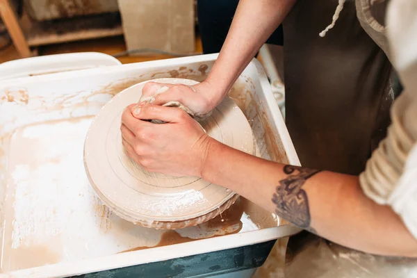 Pottery making hands of artist top view — Stok Foto