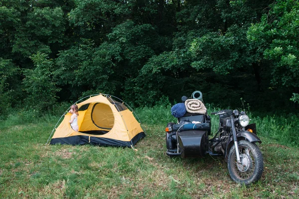 Motocykl s postranním vozíkem zaparkované na zelené trávě — Stock fotografie