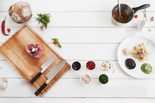 Ingrediënten voor het koken, rauw voedsel, platte lay — Stockfoto