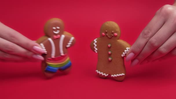 Lgbt orgulho gay direitos gingerbread homem beijos — Vídeo de Stock