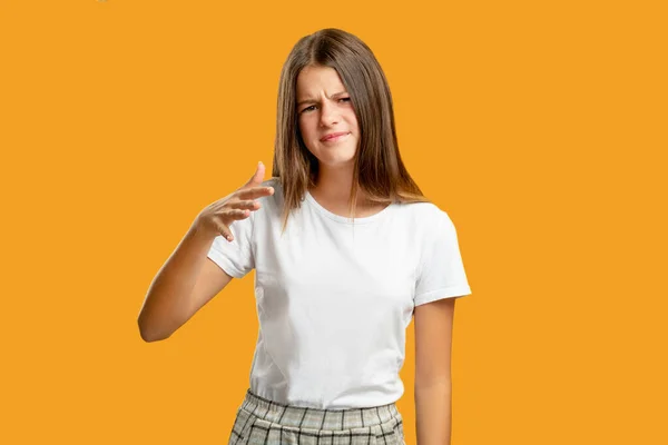 Confused child dont know uncertain teen girl so-so — Stock Photo, Image