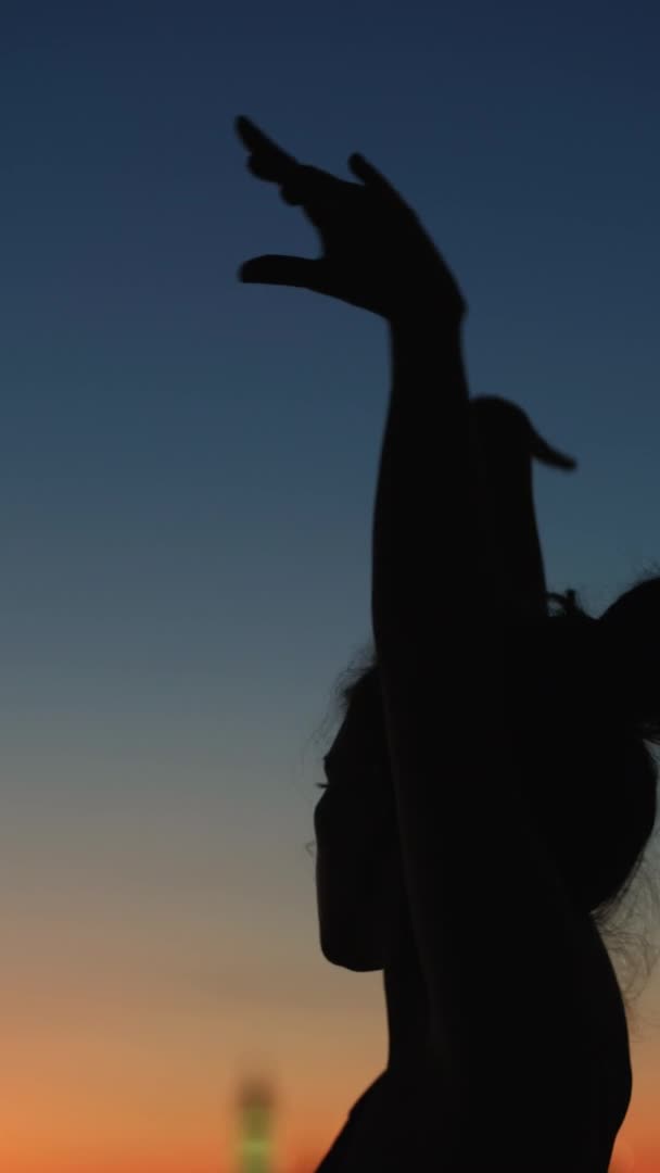 Zonsondergang dans kalmerende choreografie vreedzame vrouw — Stockvideo