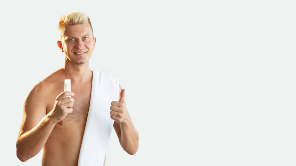 Mannelijke huidverzorging reclame achtergrond man lotion — Stockfoto