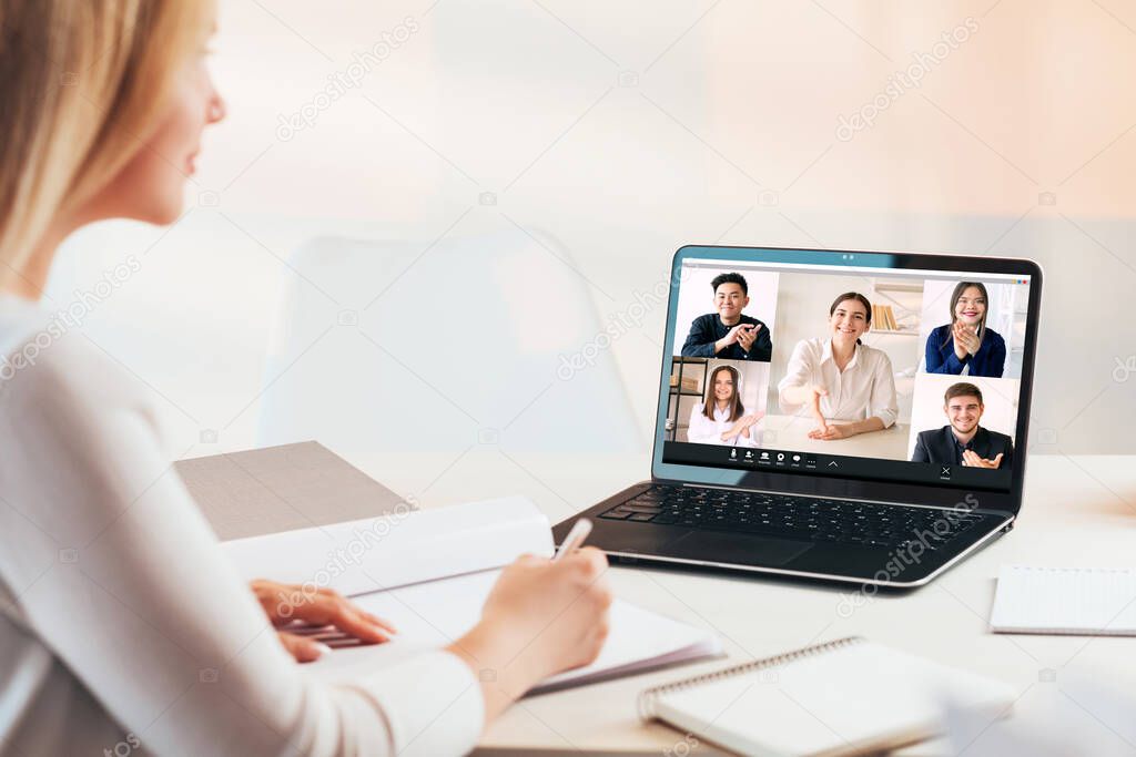 video chat virtual meeting hr employee team laptop