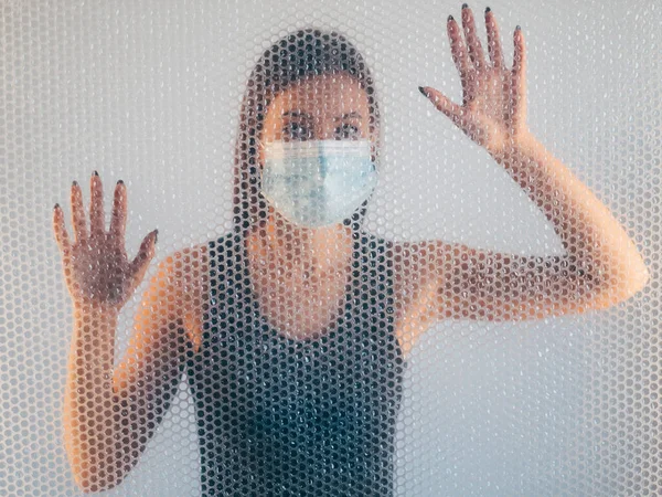air pollution defocused portrait woman face mask