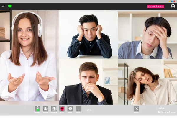 Video conference group call bored students coach — Stock Photo, Image