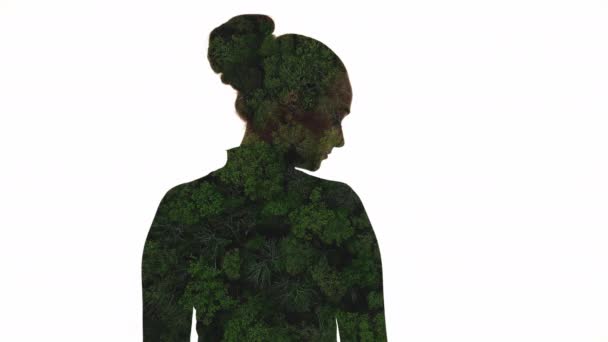 Doppia esposizione silhouette salvare la natura alberi donna — Video Stock