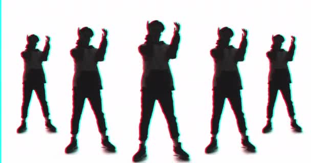 Tanečnice silueta hip hop chlap rozostření neon obrys — Stock video