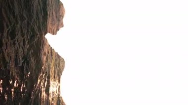 Çifte pozlama, siluet, günbatımı, deniz dalgaları, kadın.