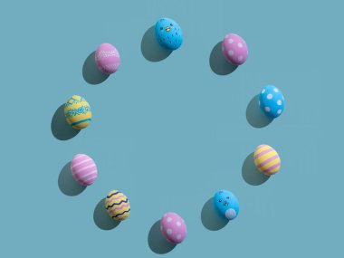 Paskalya bayrağı yuvarlak çerçeve mavi yumurta desenli