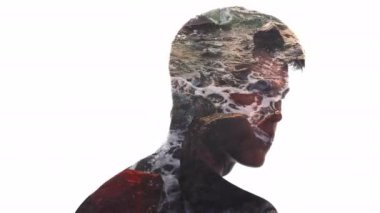 Çift pozlama erkek siluet dalgaları rahatsız