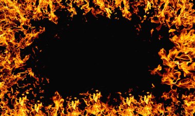 Ateş pankartı yanan çerçeve turuncu alev siyah gece