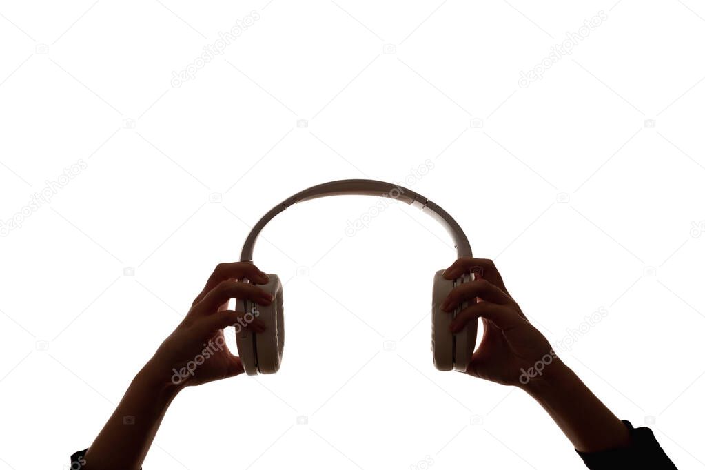 audio device music headphones hands silhouette