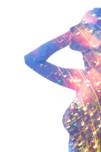 Çift pozlama müzik enerjisi bulanık neon kız — Stok fotoğraf