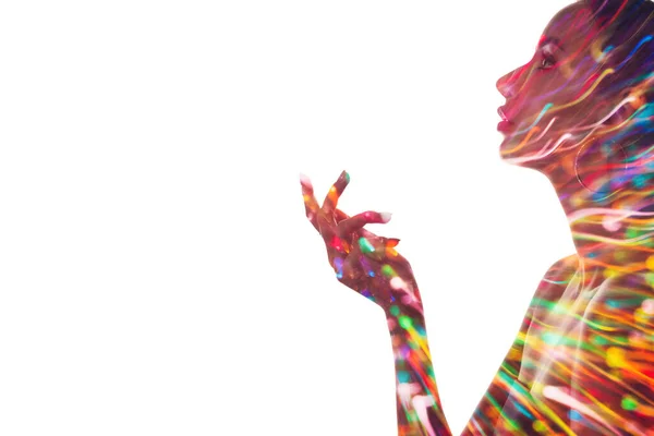 Dubbele blootstelling silhouet kleurrijke neon vrouw — Stockfoto