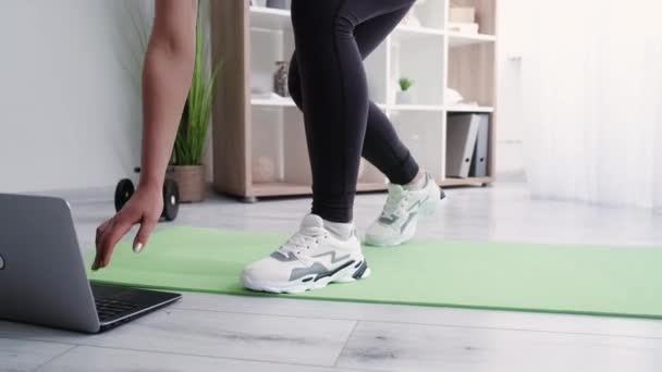 Домашняя фитнес спортивная женщина онлайн тренировки — стоковое видео