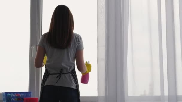 Huis schoonmaken huisvrouw routine duidelijk interieur — Stockvideo