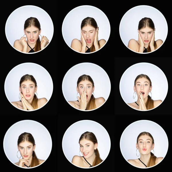Емоції колаж колекція обличчя жінка набір з 9 — стокове фото