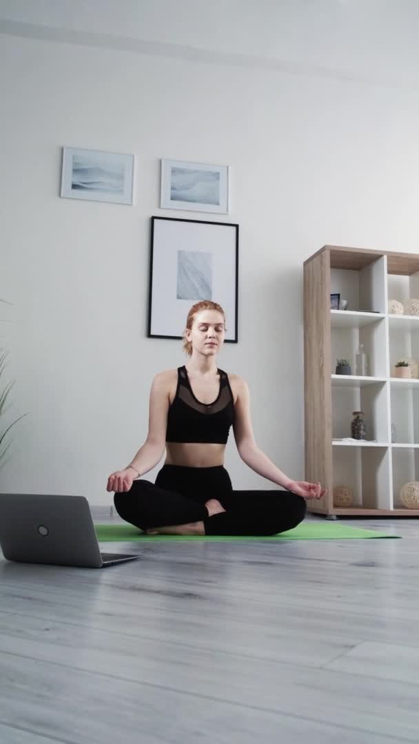 Meditação on-line casa ioga mulher pacífica laptop — Vídeo de Stock