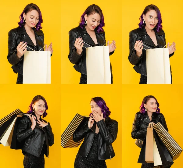 Wow nakupování šťastná žena koláž portrét slavnostní — Stock fotografie