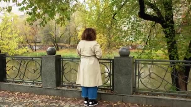 Autunno parco passeggiata fiume argine donna ponte vista — Video Stock