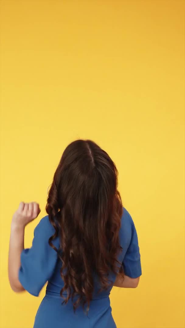 Virtual choice curious woman touching copy space — Stok Video