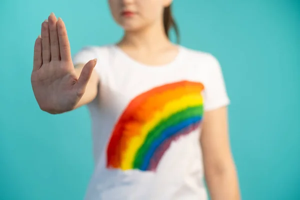 Stoppt Homophobie Homosexuelle Diskriminierung Frau Regenbogen — Stockfoto