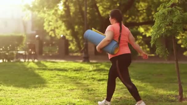 Pilates treino excesso de peso exercício mulher parque — Vídeo de Stock