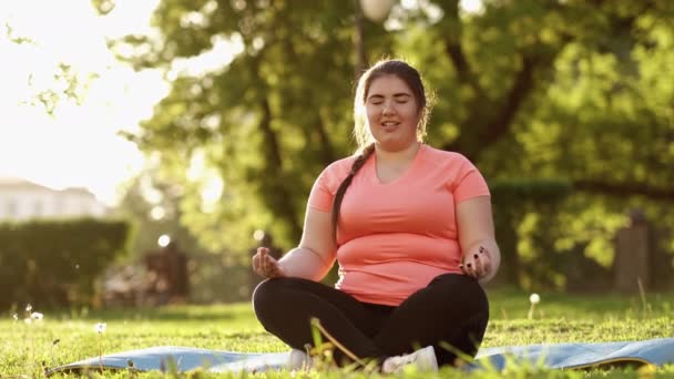 Yoga beoefenen mindfulness meditatie vrouw park — Stockvideo