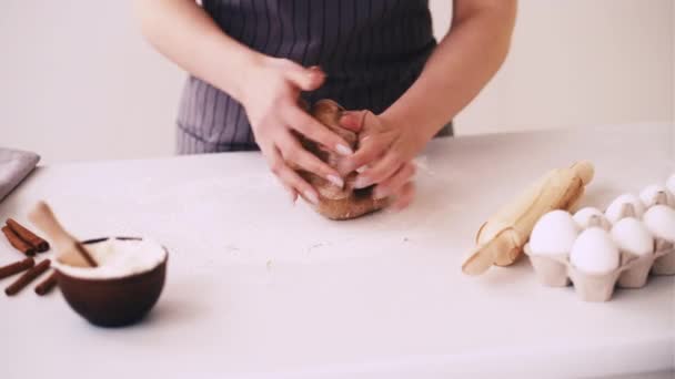 반죽을 반죽하여 손으로 밀가루를 굽는 부엌 — 비디오