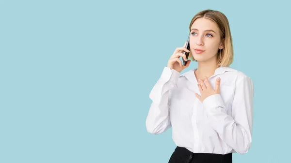 Pleasant talk office woman daily routine mobile — Stock Photo, Image