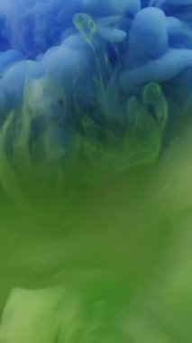 Dikey video. Renk akışı. Buhar arka planı. Odaklanmamış yeşil bulut dumanı mürekkep dokusu soyut sanat eserleri üzerinde yüzen sudaki dumanlı sis karışımı boya.