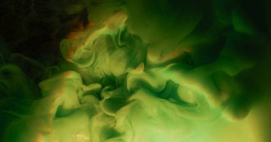 Paint background. Mist glitter cloud. Defocused green color splash shimmer water rainbow texture spreading on acrylic dark black art abstraction.