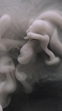 Dikey video. Sis dokusu. Mürekkep suyu. Odaklanamayan dumanlı kimyasal boya sıvı dalga akışı patlaması soyut sanat kara arka planda sis.