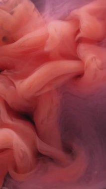 Dikey video. Renkli duman dokusu. Suyu boya. Odaklanmamış mor turuncu bulut soyut koyu siyah arkaplan üzerine egzoz sıvısı sıçratır.