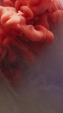 Dikey video. Parlak boya suyu. Sıvı sıvı. Soyut sanat arka planında odaksız turuncu mavi renkli mürekkep dumanı deseni ruhani duman..