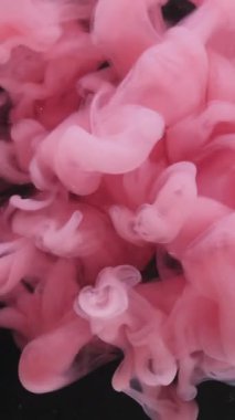 Dikey video. Boya damlası. Atmosferik duman. Soyut sanat üzerine büyüyen pembe renkli su akışı kimyasal sıçraması koyu siyah zemin.