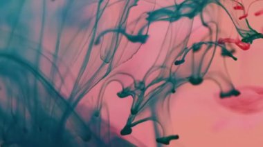 Duman sıvısı karışımı. Yüzen boya. Kırmızı turkuaz boya damlası rengi sıvı pigmenti çözer. Sanat kimyasal sıçrama soyut bulanık arkaplan.