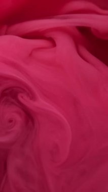 Dikey video. Mürekkep suyu. Boya karışımı. Odaklanmamış kırmızı, pembe, dumanlı, simli, sisli kimyasal sıvı soyut sanat arka planında yükseliyor..