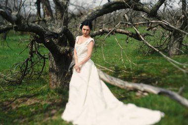 Gelini bir bahçe trainin ile elbise